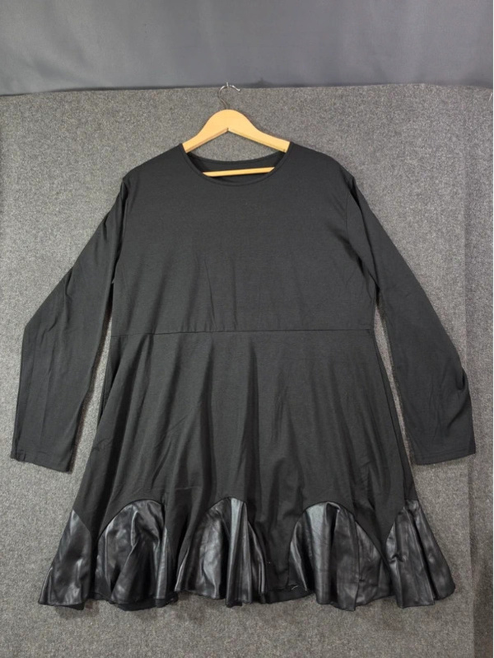 Plus Size 4XL Black Skater Dress with Faux Leather Trim Hem